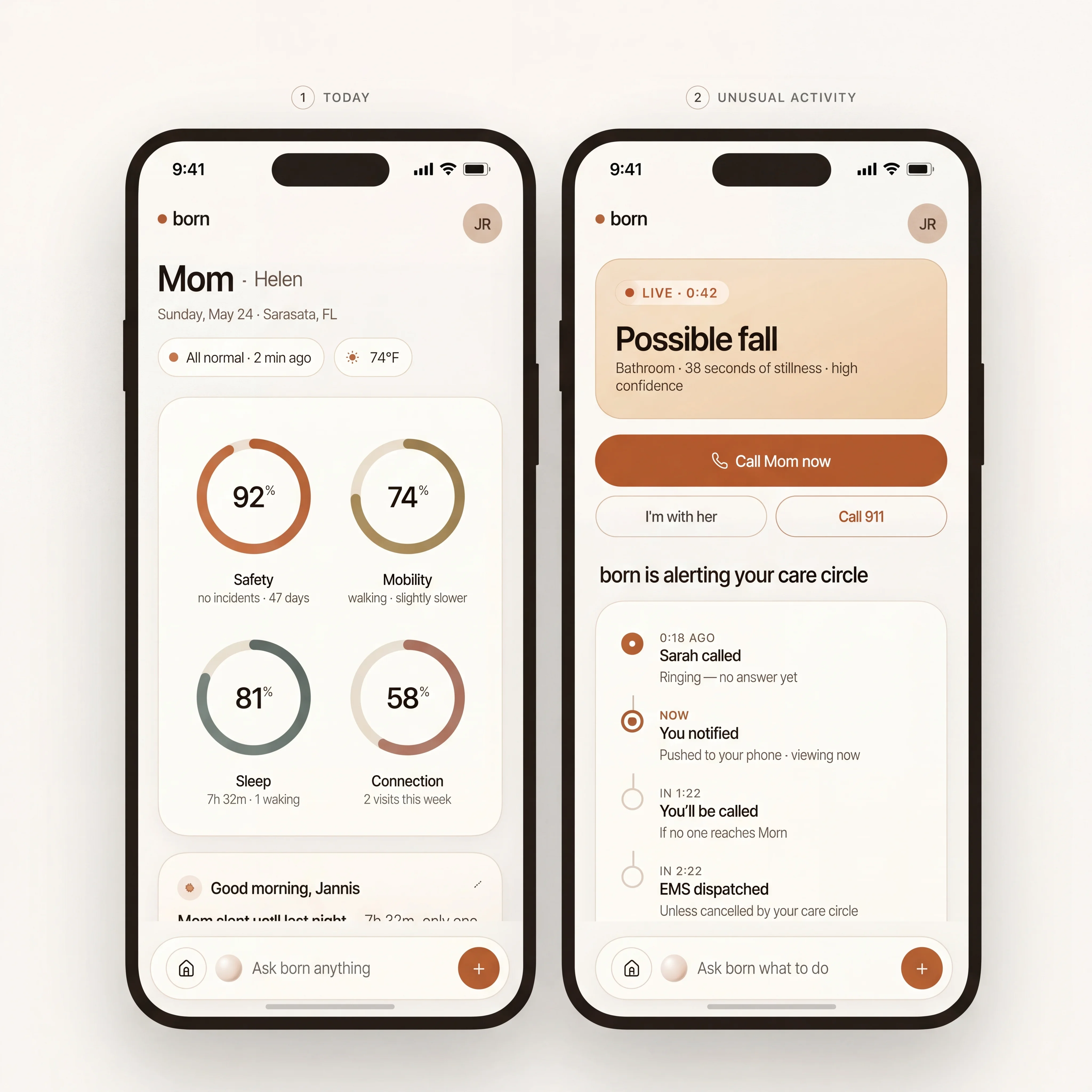 Two Born app screens shown side by side: Today and Unusual Activity